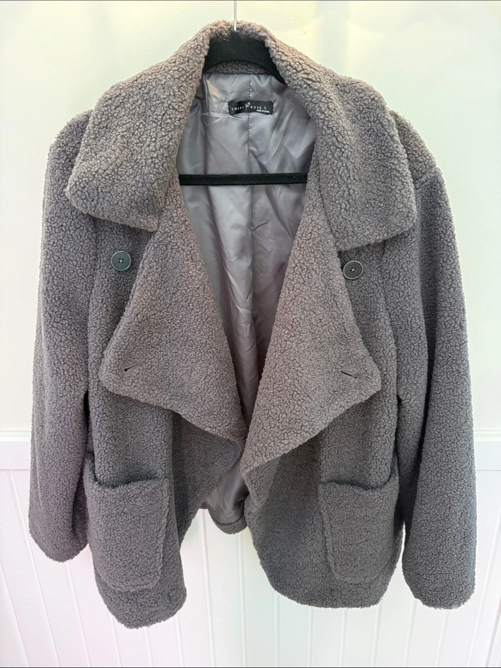 Emery Rose Gray Teddy Sherpa Jacket Large Cozy Oversized Faux Fur Coat EUC - Picture 1 of 5